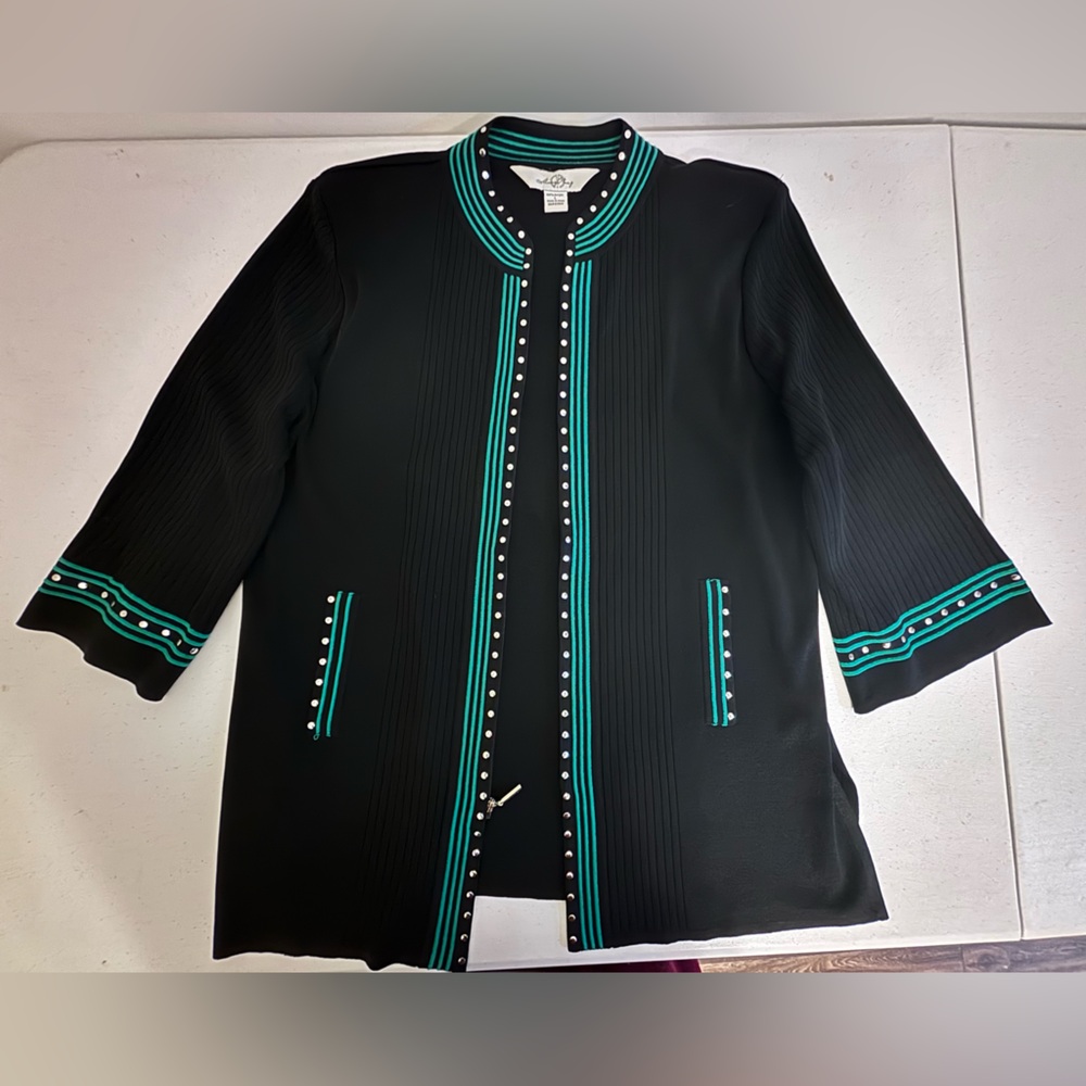 Ming Wang black and aqua green striped knit cardigan sz L-0417
